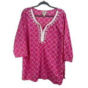 St. John's Bay Sz XL Hot Pink White Embroidered 3/4 Sleeve Pullover Blouse Pink